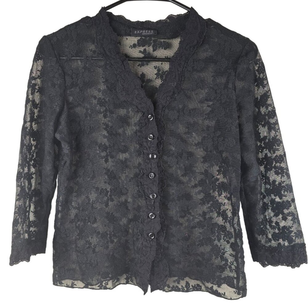 Vintage Express World‎ Brand Black Lace Button Up Sheer Top Whimsygoth Fairy S